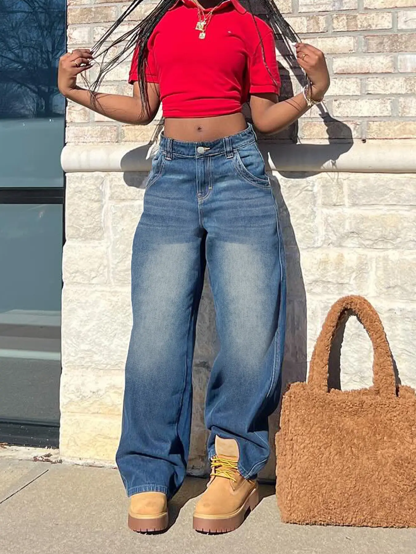 American Vintage Plain Straight Leg Jeans, Casual Comfy Denim Button Fly Pocket Women's Wide Leg Pants, Daily Wear for Fall Winter