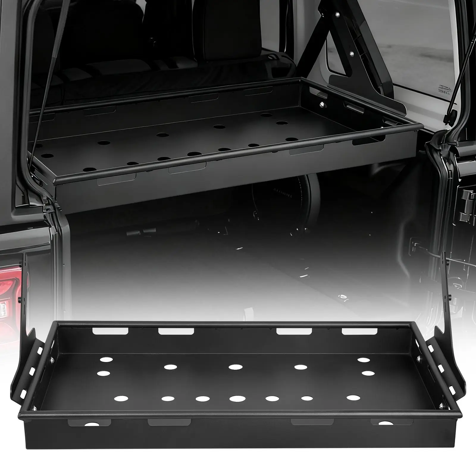 【DealsForYouDays】VEVOR Rear Trunk Cargo Rack, for 2018-2024 Jeep Wrangler JLU Sky One-Touch Power Top 4-Door Hardtops, 300 lbs, Carbon Steel Basket Tray Interior Storage Luggage Carrier with Net, Shelf Stand Organizer for Camping