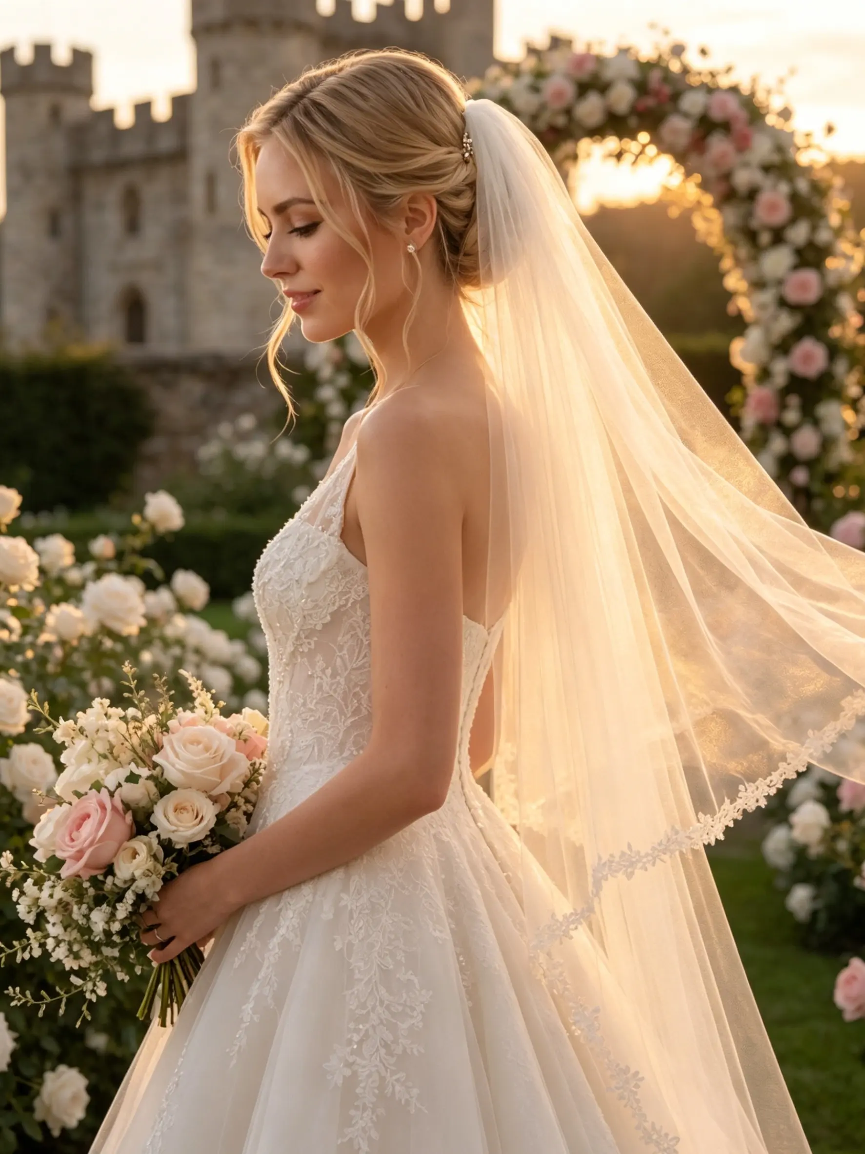 A 1-meter long ivory tulle wedding veil with lace trim, a vintage golden castle-style bridal veil, and dreamy wedding accessories, perfect for European bridal portrait photography.
