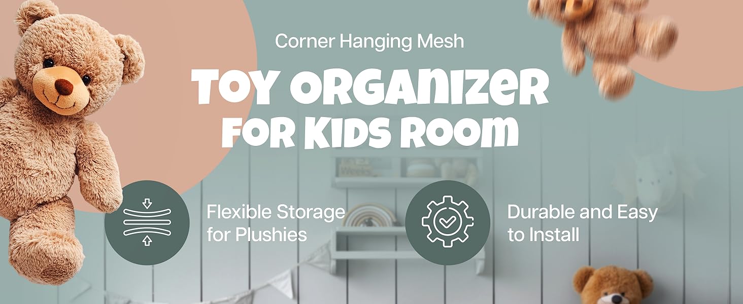 BASIC SUPPLY Stuffed Animal Hammock Net (2-Pack) - Corner Hanging Mesh Toy Organizer for Kids Room, Flexible Storage for Plushies, Teddy Bears, Squishmallows & More - Durable & Easy to Install