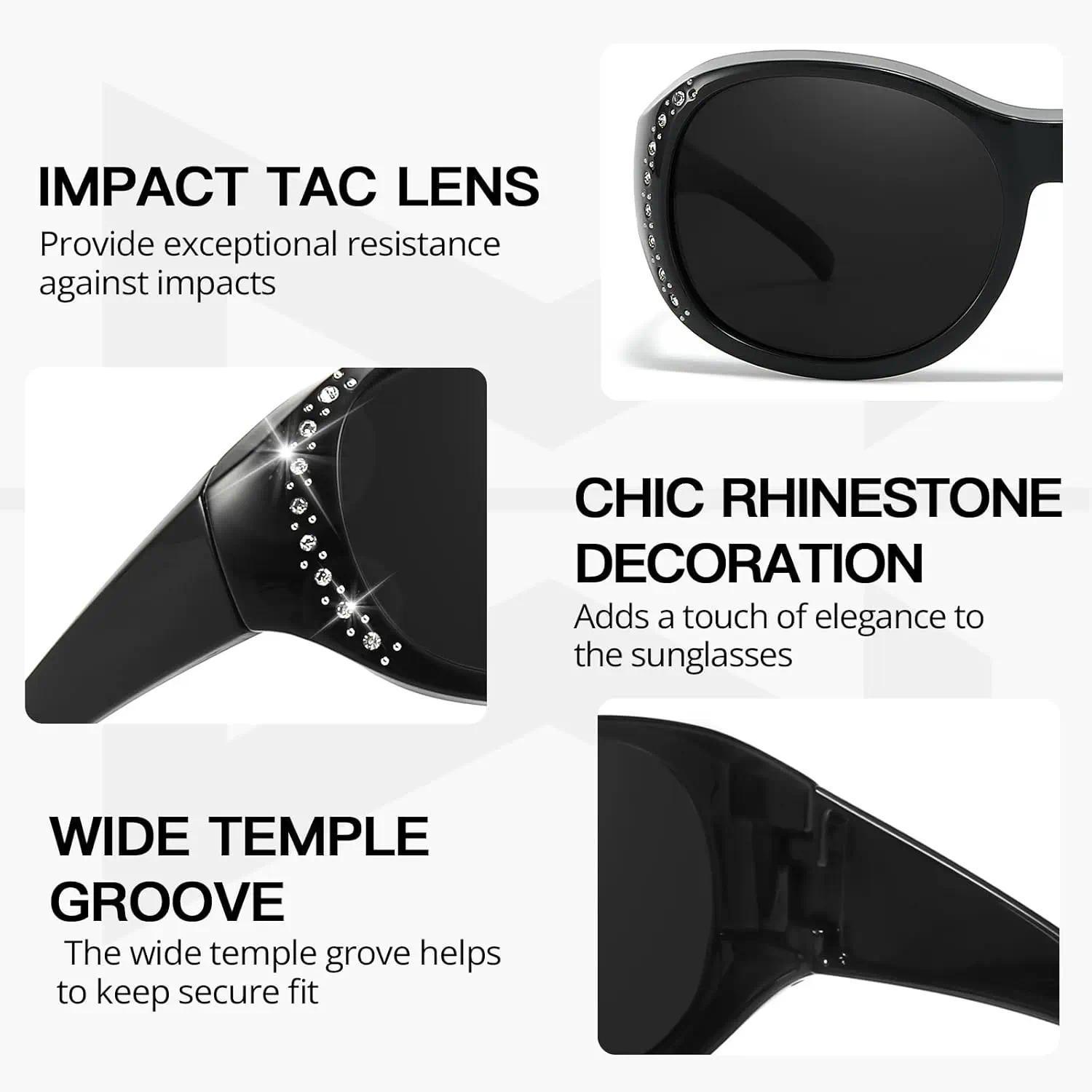 Good osierds Women's Polarized Fit Over Sunglasses with Rhinestones, Oversized UV400 Anti-Glare Shades for Prescription Glasses, Summer Driving Road Trip Wrap Around Bling Eyewear Beach Vacation