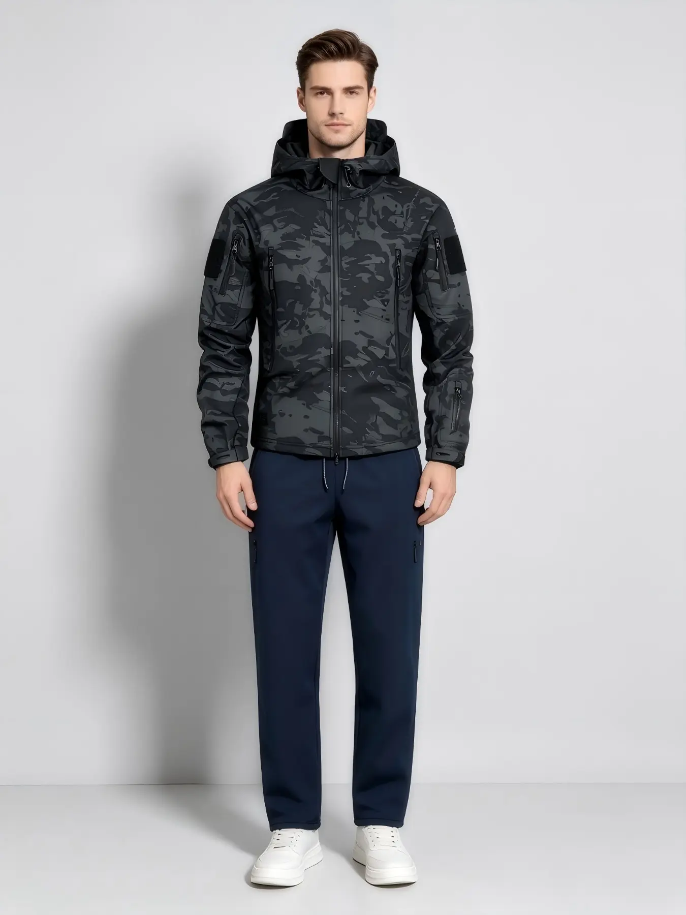Men's Camouflage Hooded Jacket with Soft Shell Windproof Pants, Waterproof Durable, Outdoor Set, Fall & Winter Sporty Style, Casual Sporty Design