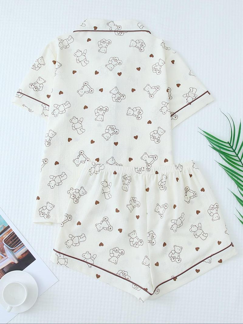 Women's Cartoon Bear Print Lapel Pocket Shirt & Elastic Waist Shorts Loungewear Set, Button Front Short Sleeve Top & Shorts PJ Set, Casual Comfy Pyjama Set Homewear for Women
