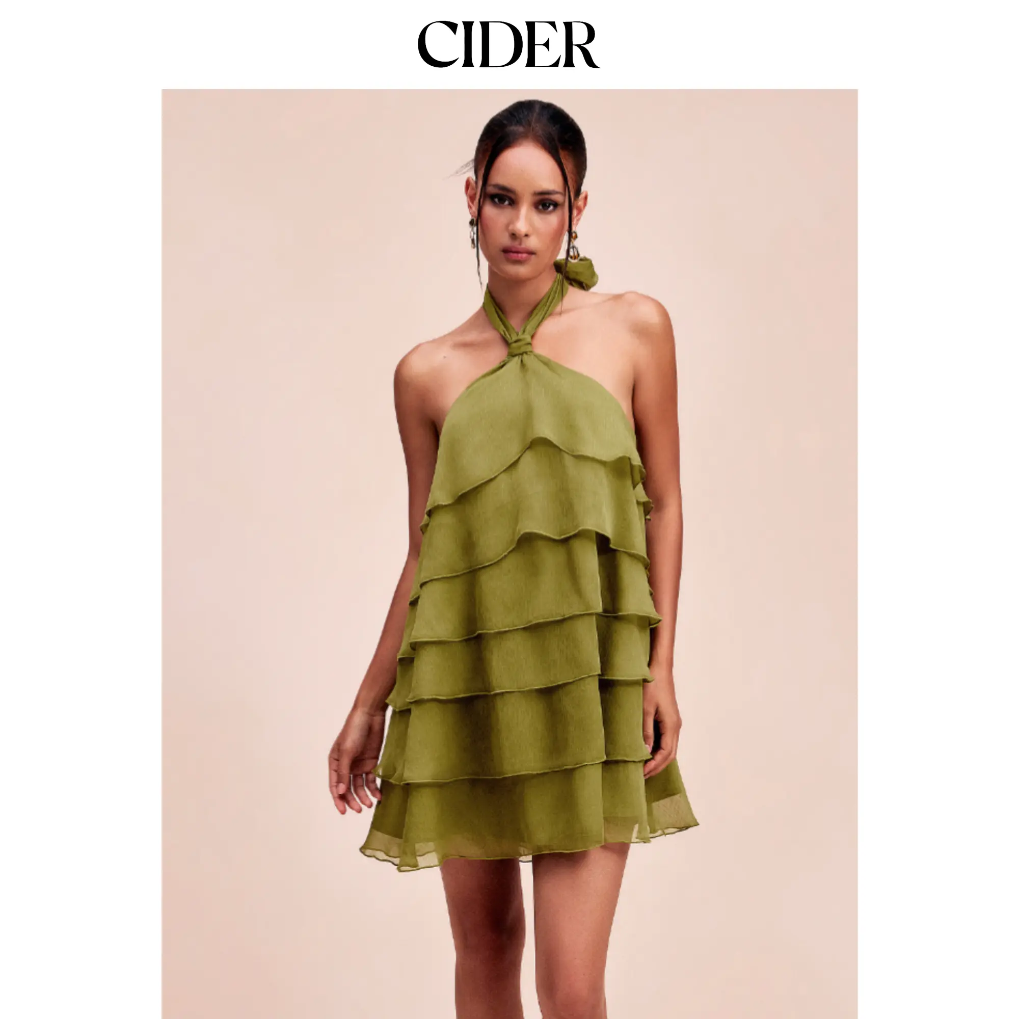 Cider Chiffon Halter Neckline Asymmetrical Ruffle Babydoll Mini Dress