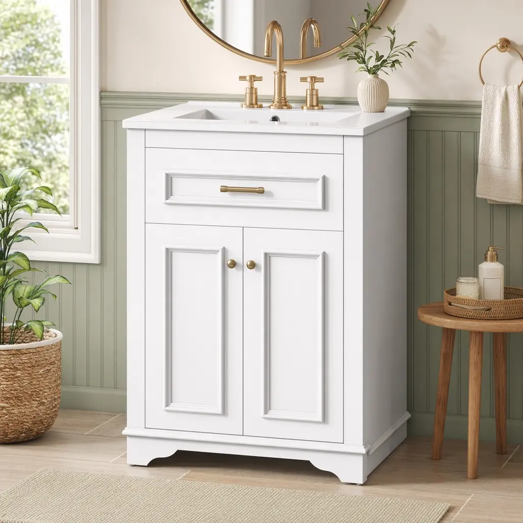 ARCH 24-in Minimalist Classic Bathroom Vanity - Integrated Ceramic Single Sink, Durable Iron+MDF/Wood Floor Cabinet, 2 Doors+1 Tip-Out Drawer, 75.40 lb Compact Storage, Includes Parts, Assembly Required, for Small-Medium Restrooms