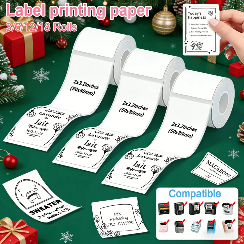 6/12 roll label printer tape, compatible with B1/B21/B3S/M110/M120/M220/M108/M100 label printers, 50x80 mm (1.97 inch × 3.15 inch) labels, courier labels, classification labels, customizable, suitable for home/school/office use.