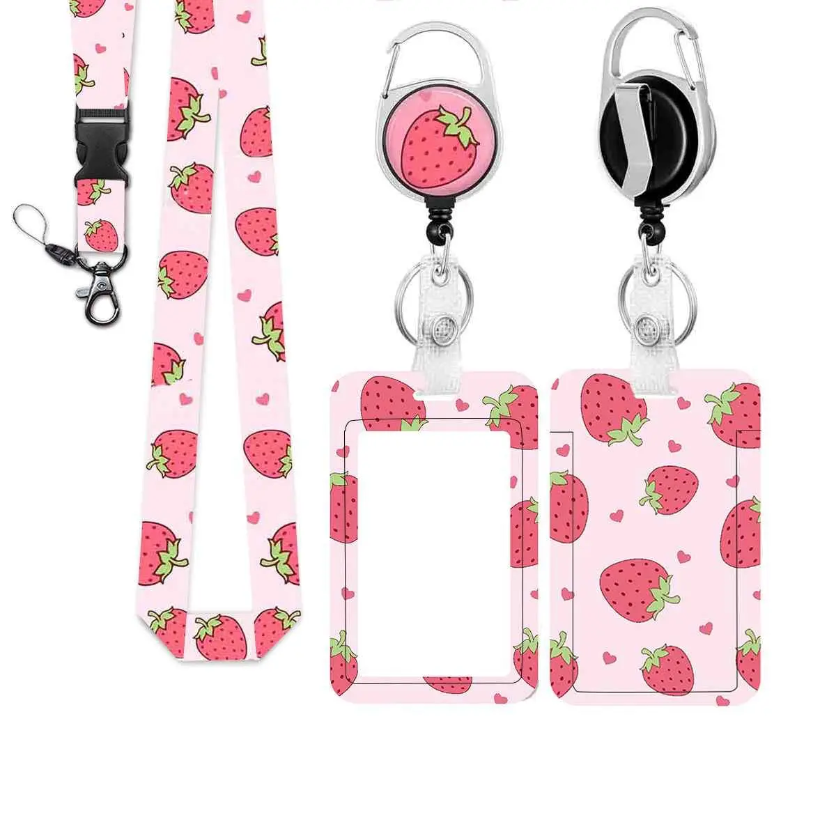 New Strawberry ID Badge Scroll Belt Clip Carabiner, Adjustable Metal Pull Tab, Anti-Loss Rope, Pendant Accessory for Outdoor Activities