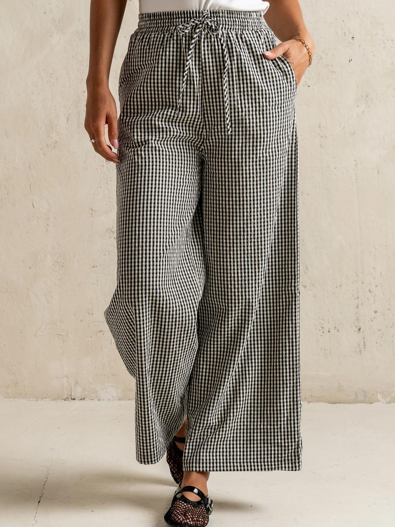 Women's Plaid Wide Leg Pants, Casual Loose Straight Fit, Drawstring Waist, Pockets, Home Sleepwear, Loungewear, Spring & Fall Fashion