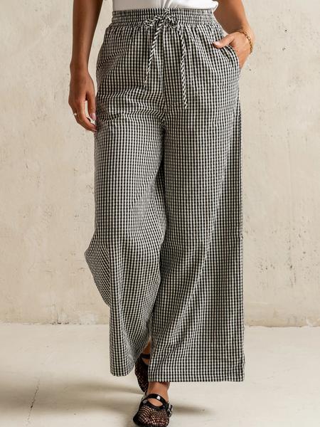 Women's Plaid Wide Leg Pants, Casual Loose Straight Fit, Drawstring Waist, Pockets, Home Sleepwear, Spring & Fall Fashion