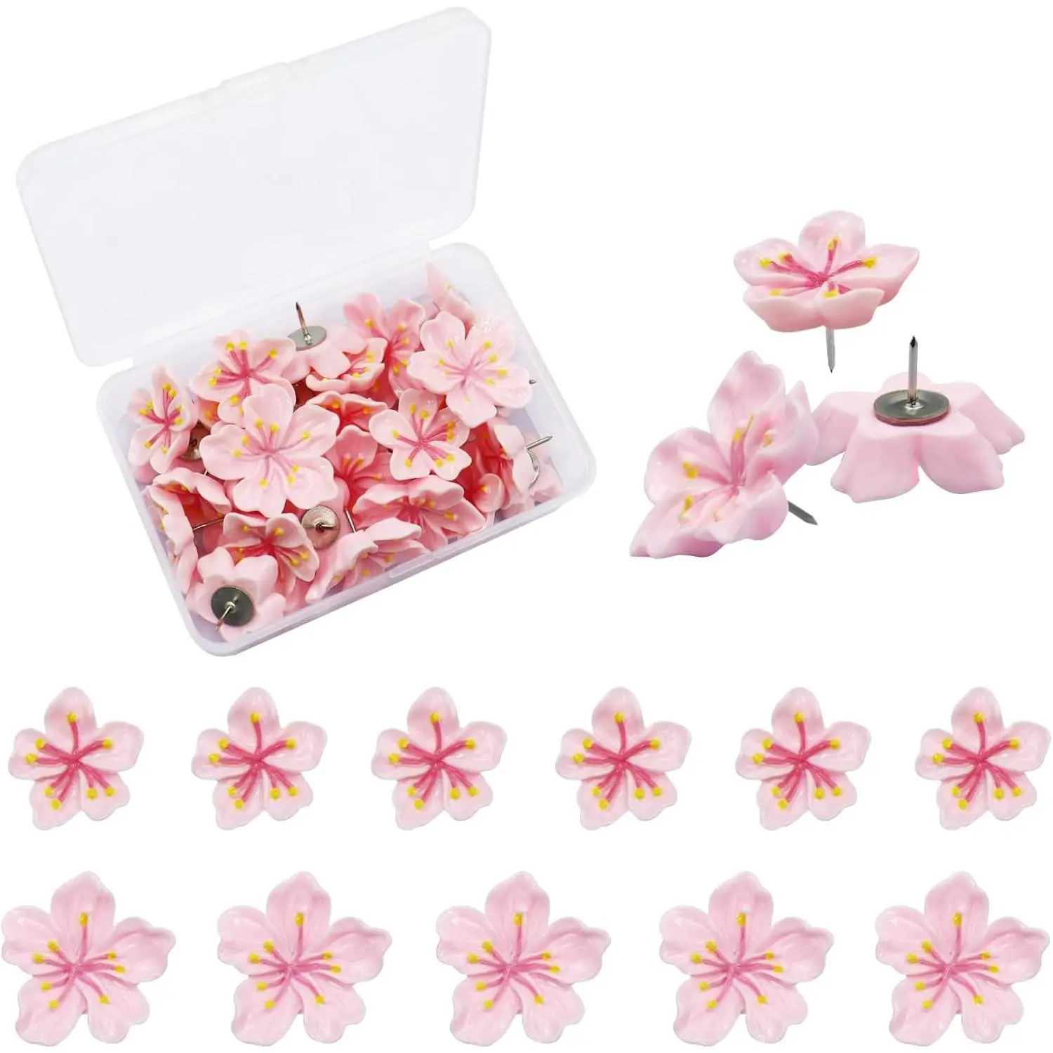 30 count Flower Push Pins Flower Thumb Tacks Decorative Push Pins for Cork Board Peach Blossom Pushpins for Bulletin Boards Cardboard Wall Decorations(20 Pcs 0.86 in and 10 count 1.18 in)