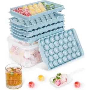 Ice Cube Tray with Lid and Bin, 99 PCS Ice Cube Tray, Round Ice Trays for Freezer, Stackable Ice Bucket Kits with Storage Container & Scoop, Circle Ice Tray for Cocktails, Whiskey and Drinks, Ideal for Kitchens, RVs, Mixology and Coffee Making