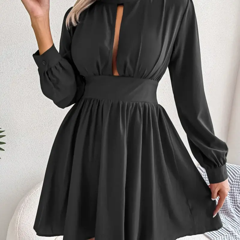 Women's Solid Cut Out High Neck A Line Fitted Dress, Elegant Fashion Everyday Casual Bishop Sleeve Short Dress for Daily Outdoor Wear, Ladies Dress for Spring Fall, Chic Elegant Fitted