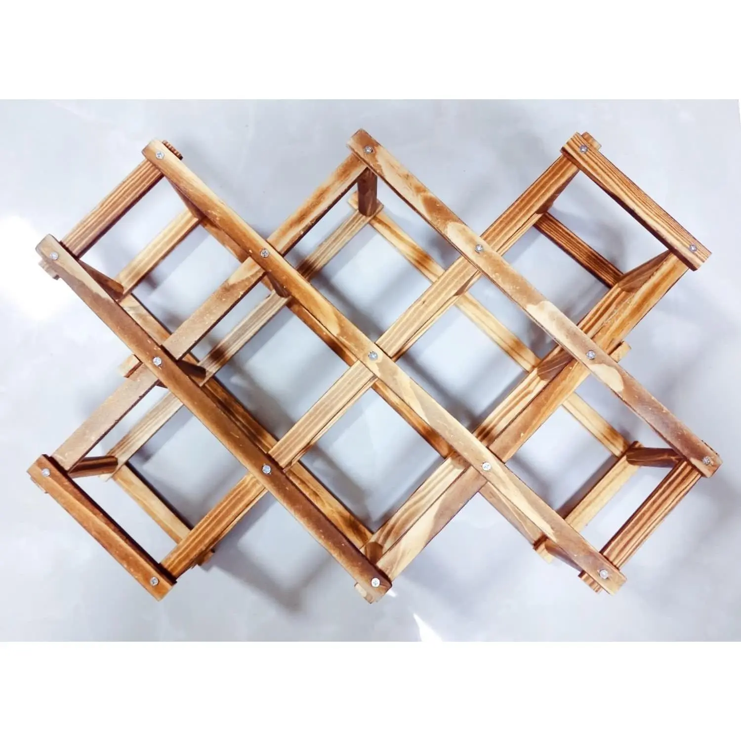 Foldable Wooden Wine Rack, 10-Bottle Expandable Countertop Wine Holder with 8 Individual Slots and Top Storage, Carbonized Pine, No Assembly Required