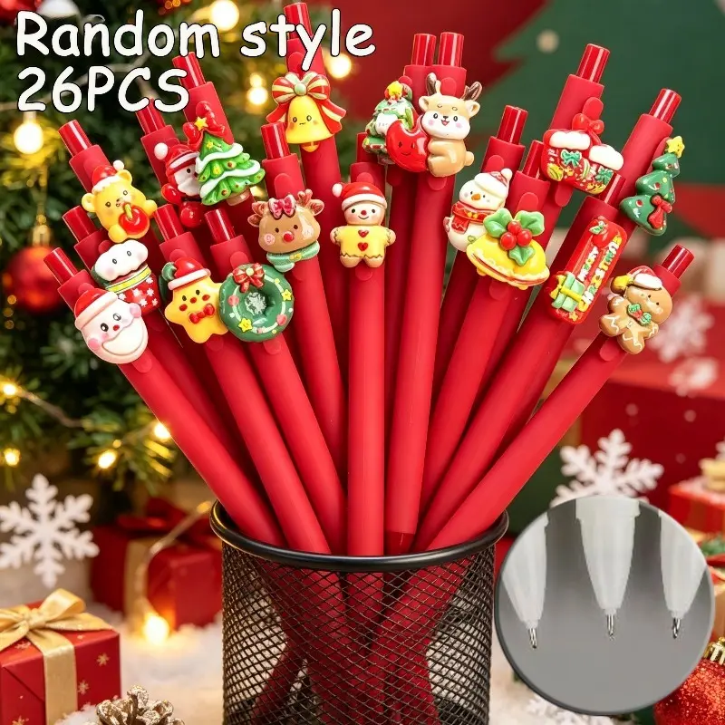 26Pcs Christmas Retractable Ballpoint Pens, Random Assorted Pack, Matte Red Barrel with Santa, Reindeer, Gingerbread, Bell & Wreath Ornaments, Stationery for Office Use & Xmas Holiday Gift Fillers