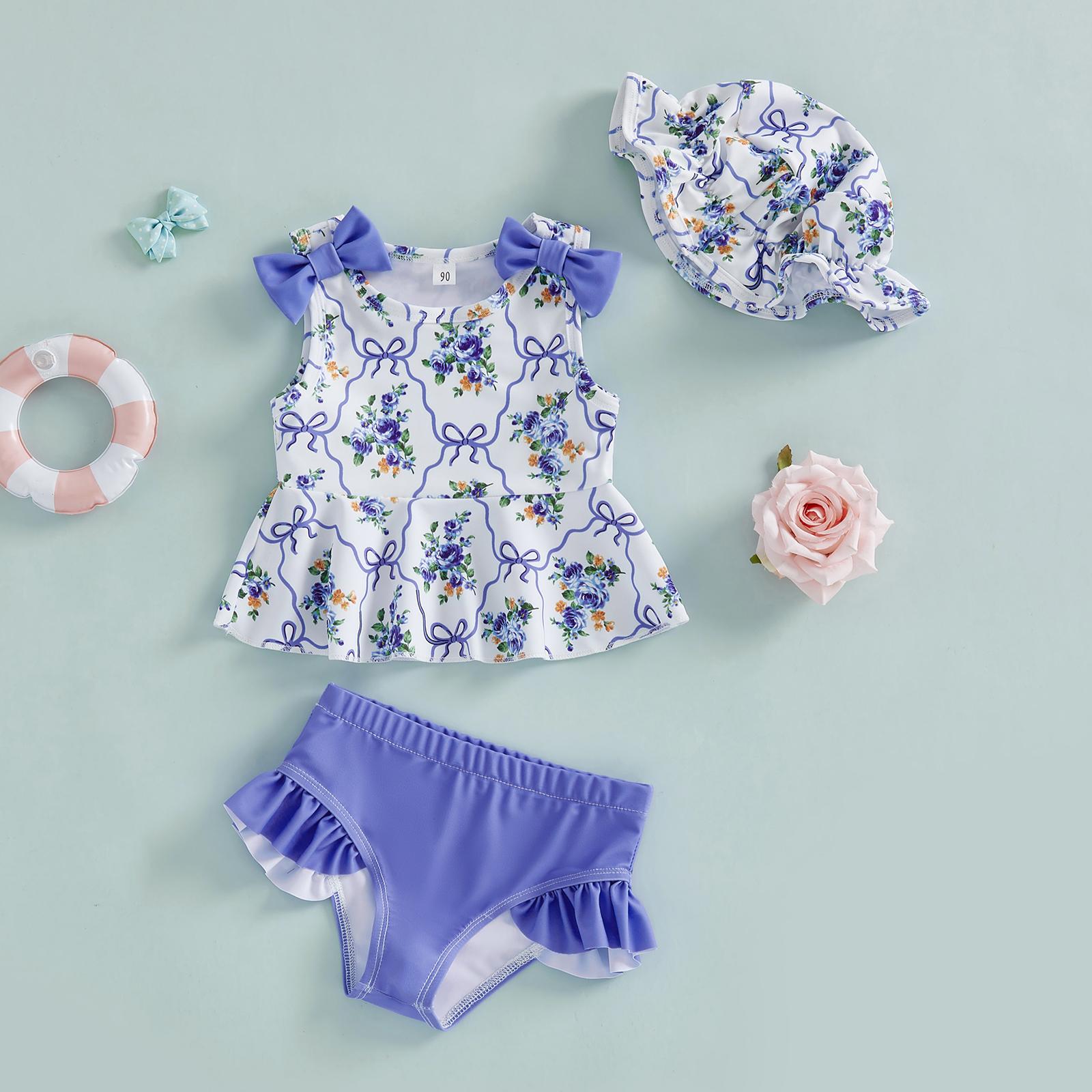 Toddler Baby Girls Swimsuit with Hat Sleeveless Floral Print Bikini Sets Summer Beach 3 Piece Swimwear Bathing Suit