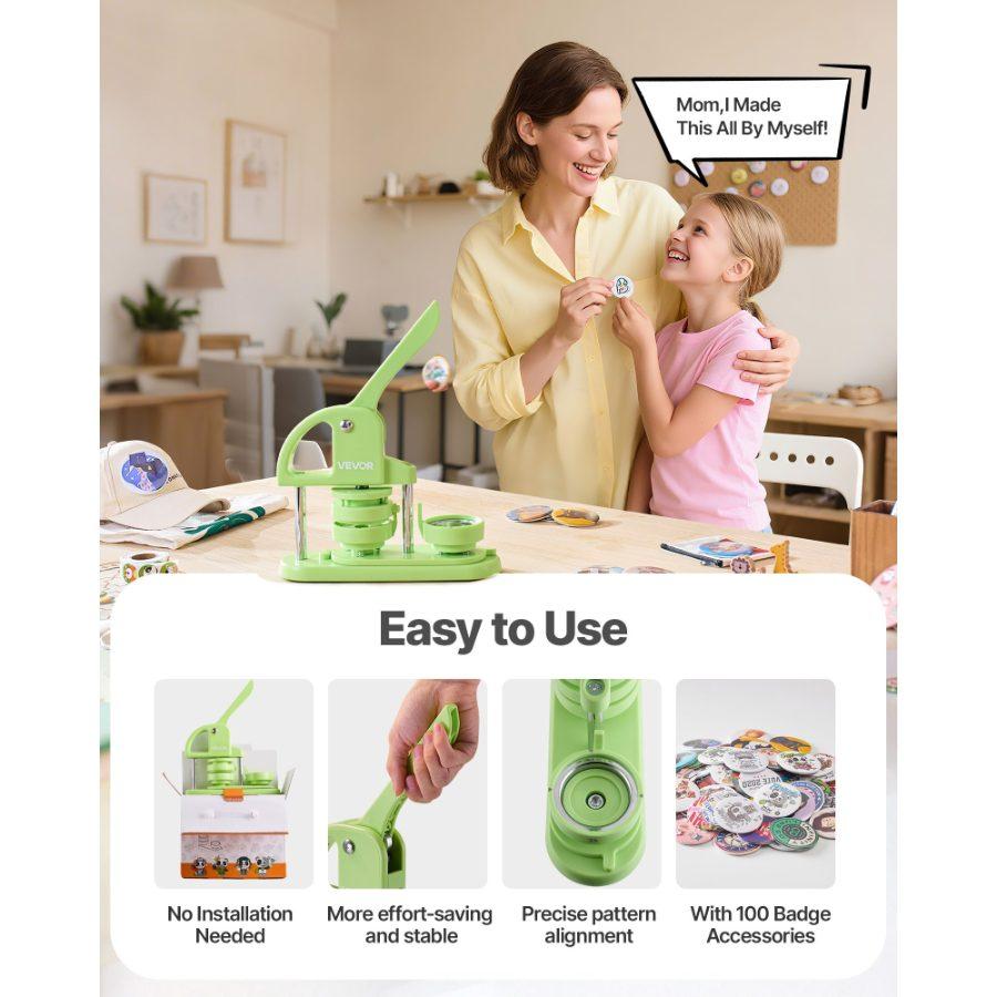 VEVOR Button Maker Machine, 2.28 in, Plastic Pin Maker with 100pcs Button Parts, Circle Cutter and Hex Wrenches, Reinforced Ergonomic Handle, for DIY Badges, Personalized Pins and Key Chains, Green