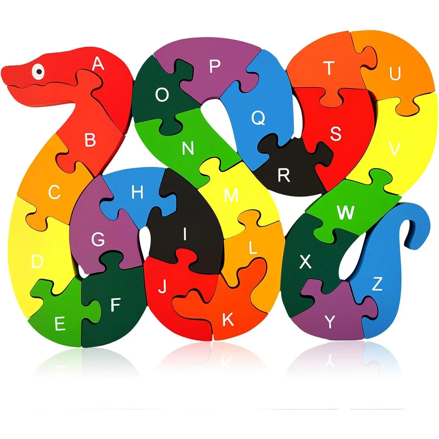 Wooden Puzzles for Kids, Double Sided Snake Jigsaw with Alphabet & Numbers, Montessori Educational Toy for Toddlers, Chunky Animal Giftfidget toys