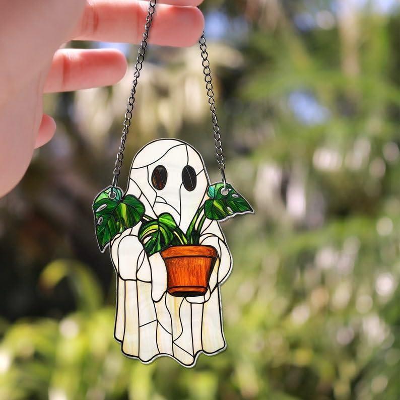 2PCS Cute Ghost Plant Suncatcher - Ghost and Monstera Acrylic Ornament, Perfect Halloween Hanging Decor, Ideal Gift for Plant Lovers and Moms