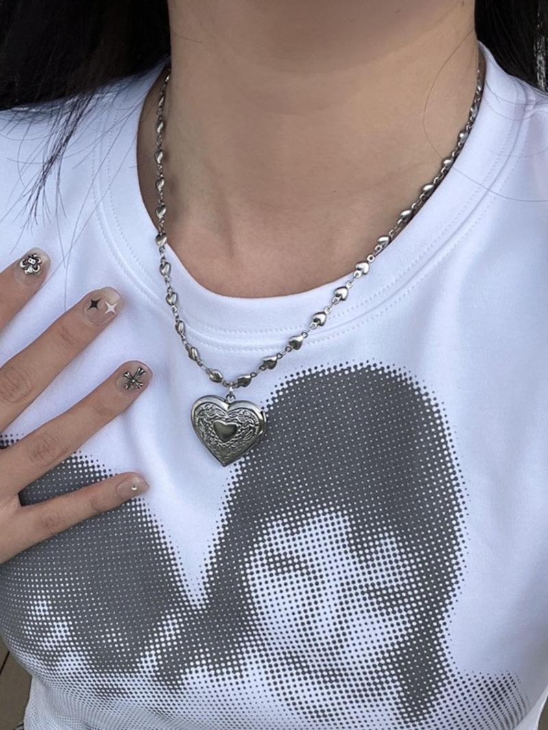 Y2K Style Stainless Steel Heart Pendant Fashion Necklace Set, DIY Photo Box Design, Trendy Party Jewelry for Women, All Season Wear