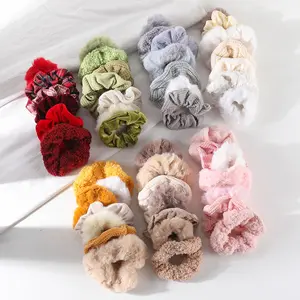 7-Pack Fuzzy Plush Knit Mix Fabric Scrunchies Warm Winter Fluffy Hair Ties Multi Textile Design Hair Scrunchy In Assorted Neutral Colors