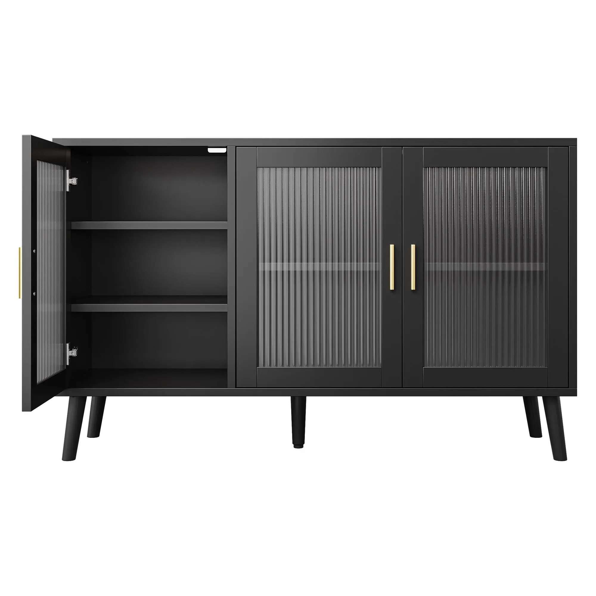 Sturdy Contemporary Style Freestanding Glass Cabinets - Black Fluted Glass Sideboard with Adjustable Shelves, 300 lbs Heavy-Duty Storage, Luxury Dining Credenza for Living Room, Kitchen Furniture