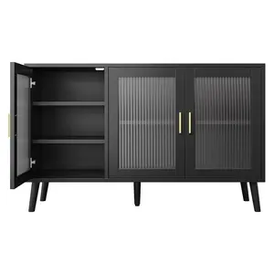 Modern Fluted Glass Sideboard Black Buffet Cabinet With Adjustable Shelves Luxury Dining Credenza Table 300lbs Heavy Duty Storage Cabinet Coffee Station Console Table TV Stand For Living Room Kitchen Entryway Furniture