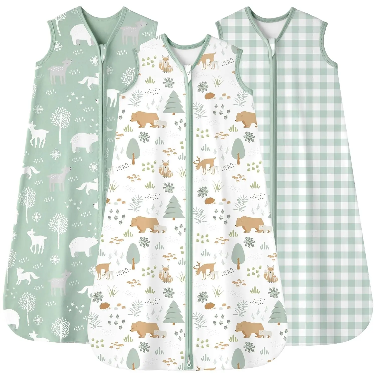 Baby Sleep Sack 12-18 months, 100% Cotton Sleeping Sack for Toddler, 3 Pack Baby Wearable Blanket, 0.5 Tog Lightweight Double Zipper Sleep Bag Large Green Forest Bear