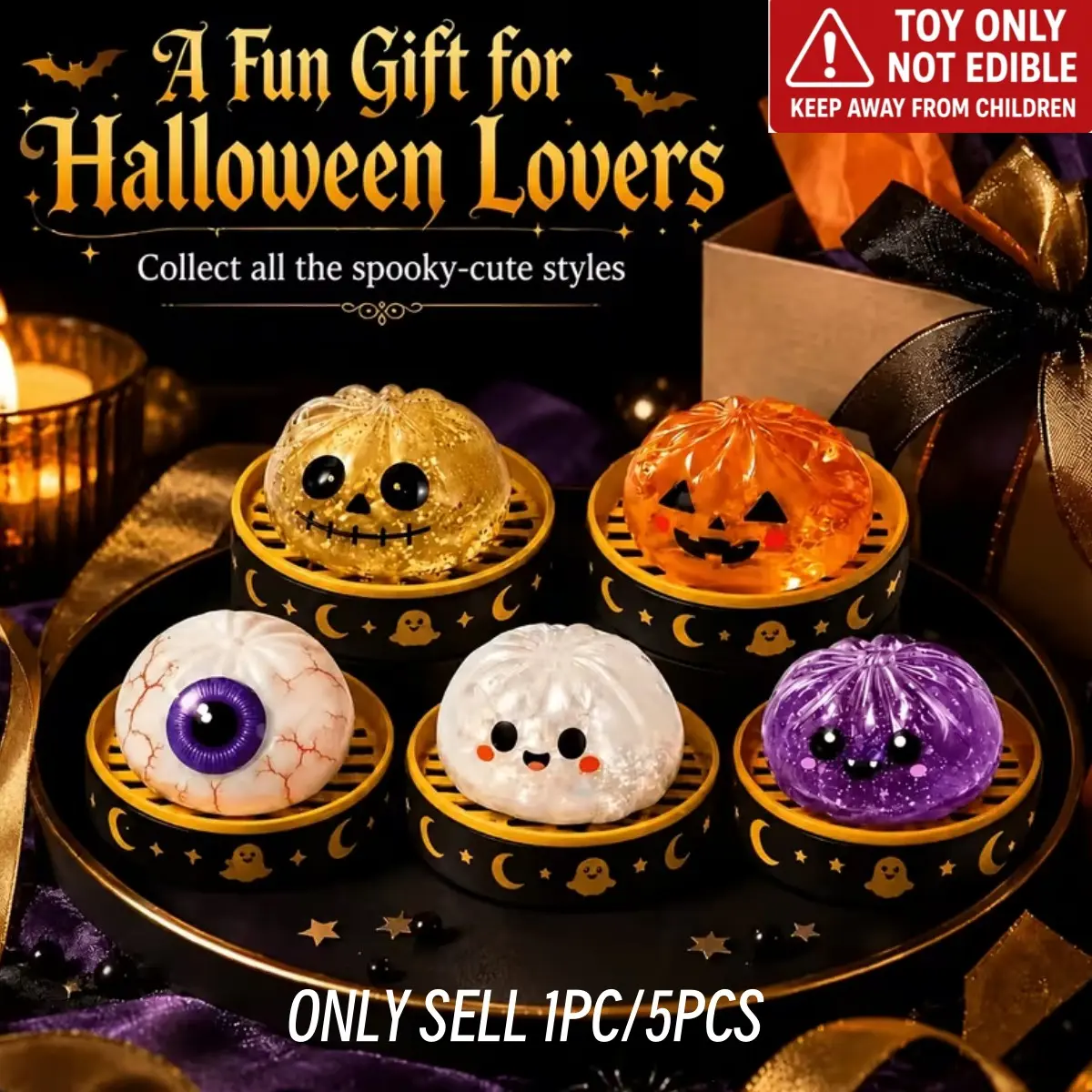 Halloween Squishy Toys, Including Steamed Buns + Steamer Baskets, Maltose Squeeze Relax Toys, Cute Large Soft Bun Relax Balls, Dumpling Soft Toys, Sensory Toys, Squishy Dough Balls Fidget Toys, Elastic Squeeze, Squishy Fidgets