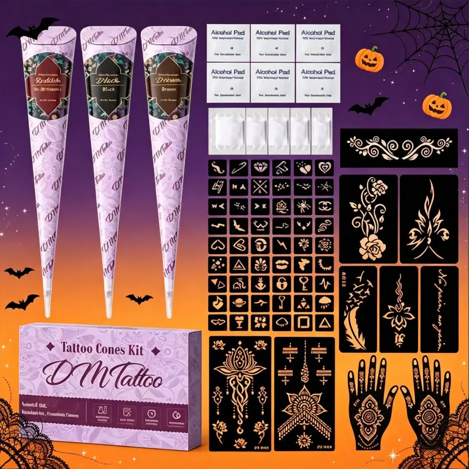 DM Tattoo Cones Kit for Women & Adults, Natural Temporary Henna Tattoo Set with 3 Colors Tattoo Paste Cones, Reusable Tattoo Stencils, Alcohol Pads & Cotton Swabs, DIY Body Art Tattoo Supplies for Parties, Festivals
