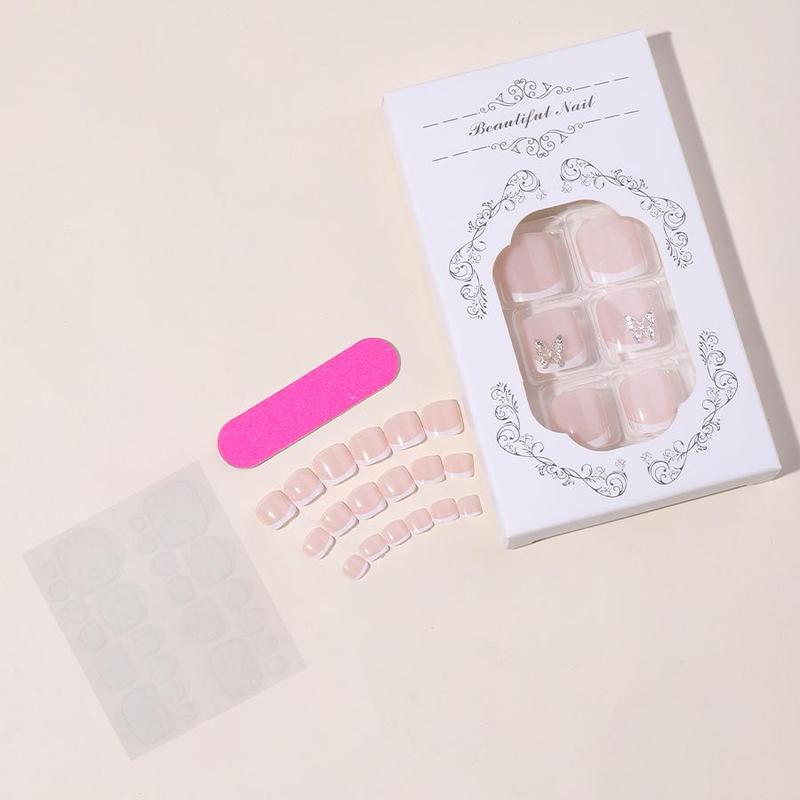 Colorblock 3D Rhinestone Butterfly Decor Press on Fake Toenail for Women & Girls Nail Art, 24pcs/set Fashion Press on Toenail & Tape & Toenail File, Nail Kit