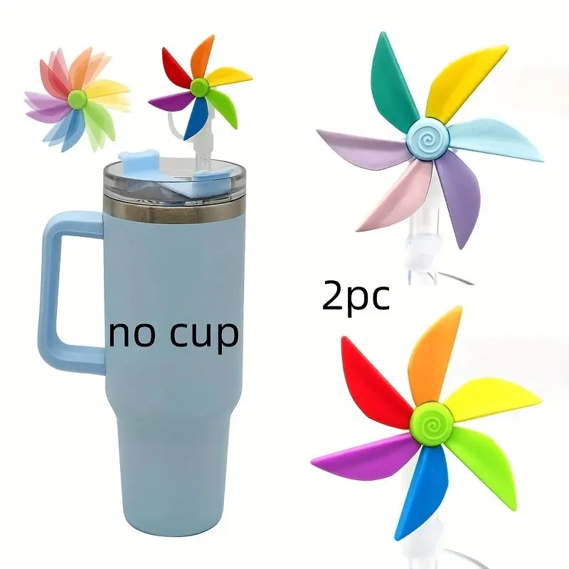 2pcs Colorful Spinning Pinwheel Silicone Straw Caps Set of 2 for 10mm Straws Fun DIY Cup Decor All Season Bright Holiday Decoration Dust Proof Silicone Straw Cover