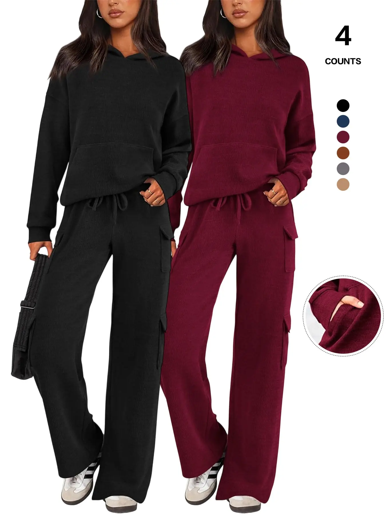 Women Hooded Tracksuit Set, Long Sleeve Pocket Hoodie, Cargo Wide Leg Pants, Casual Fall Winter Loungewear, Two Piece