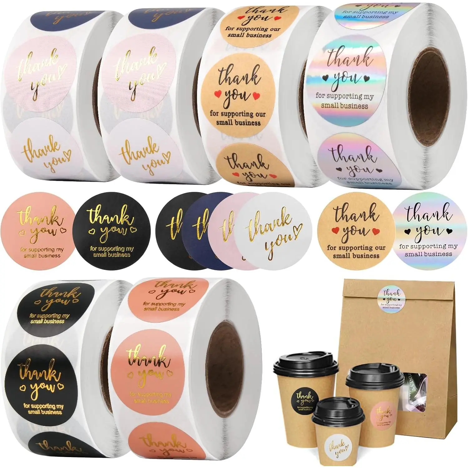Thank You Stickers Small Business - 6 Rolls 3000 count Thank You for Supporting My Small Business Stickers Labels for Envelopes, Bubble Mailers and  Bags Packaging, 1 Inch,500 Pieces Each Roll