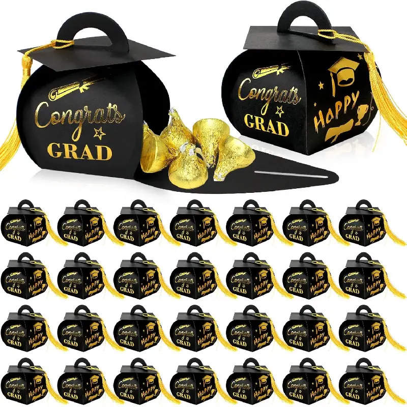 30 Pcs 2026 Graduation Candy Boxes Graduation Cap Gift Box with Tassel, Class of 2026 Graduation Party Favors Boxes for Congrats Grad (Black and Gold)