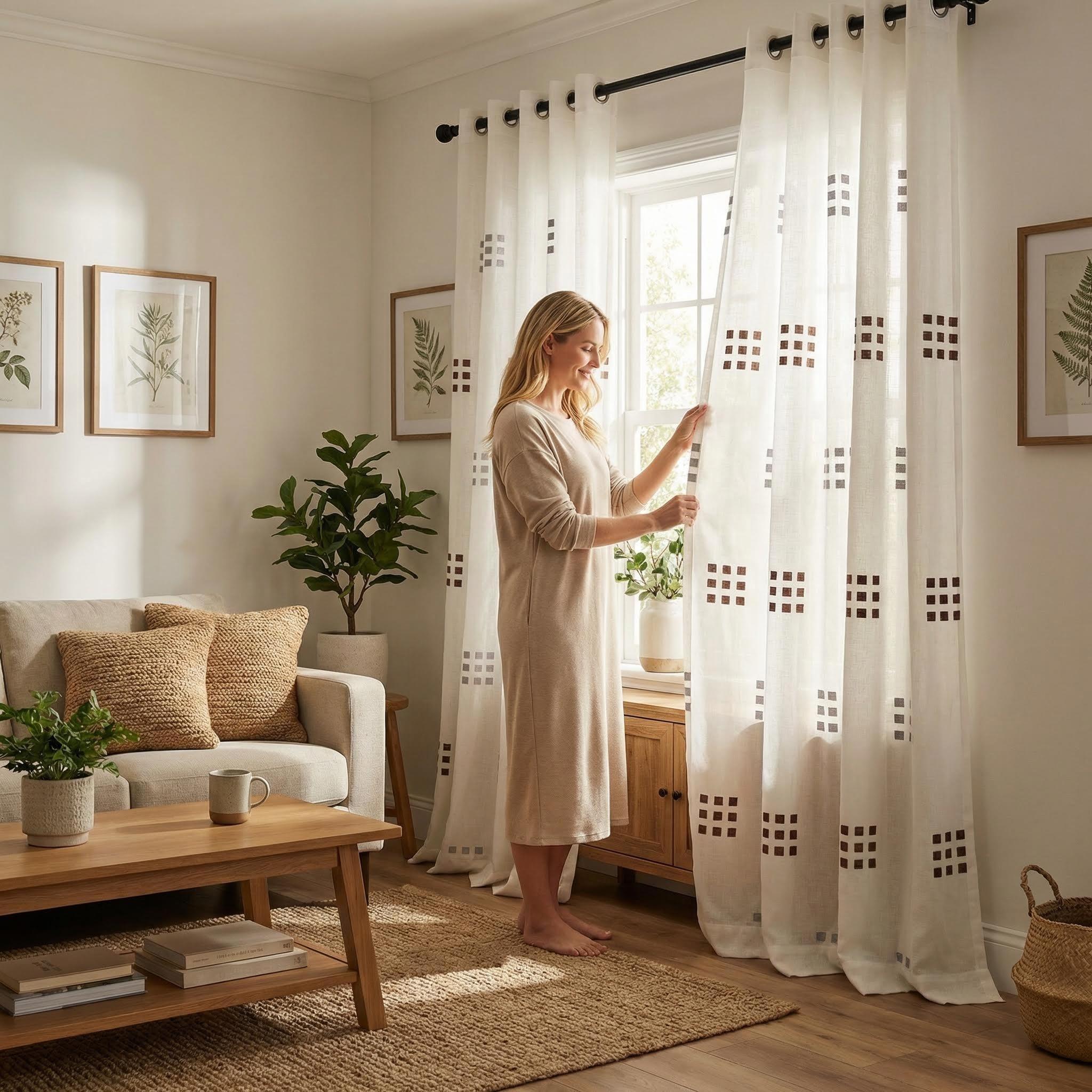 Cozy Curtain 2 Panels 52X84Inch is made of bamboo-jointed linen fabric, combined with embroidery technique, featuring a two-color nine-square pattern, with a metal ring at the head. It is easy to install, has a unique style, and is labeled as CT278.