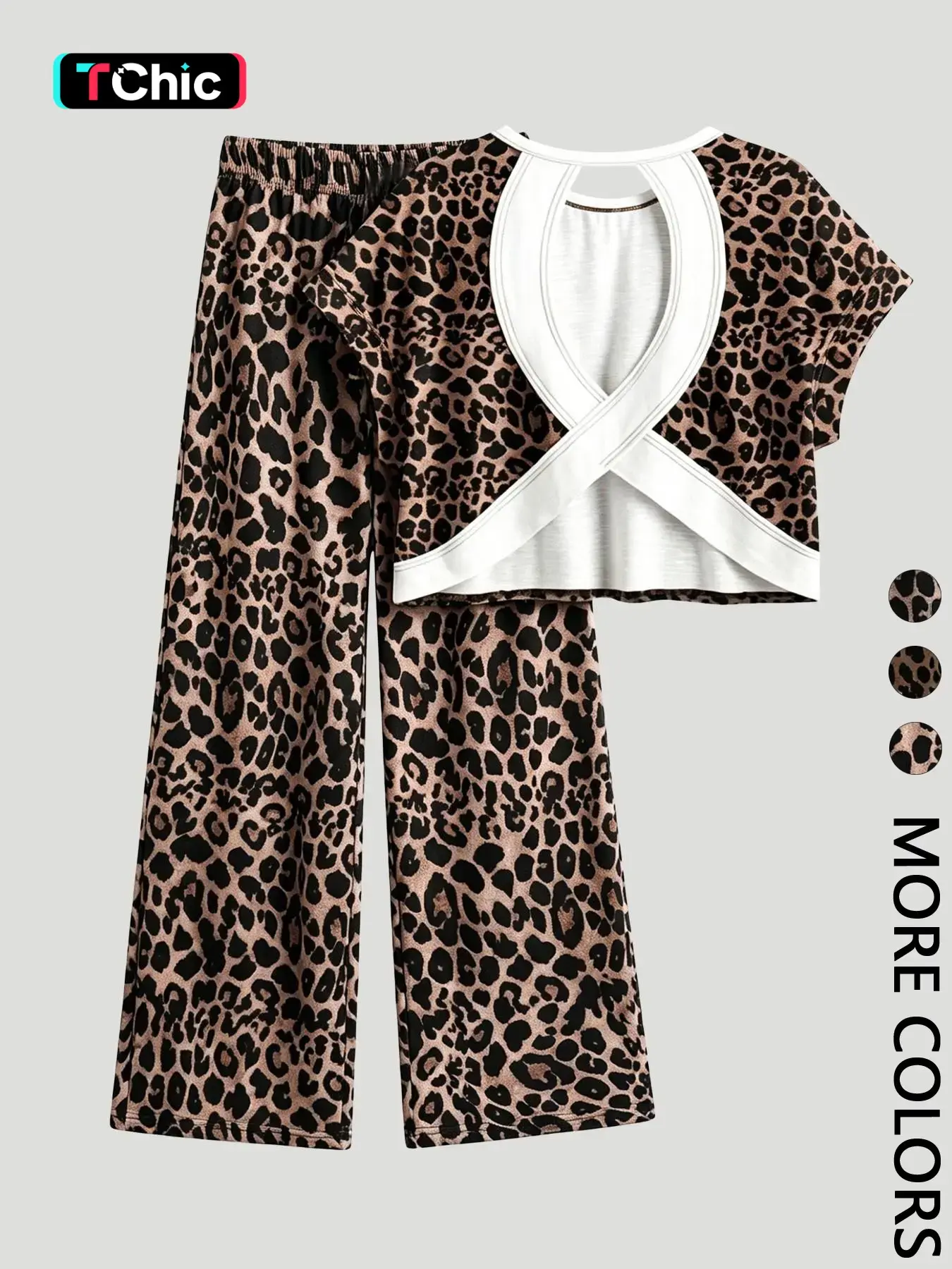 Women's Leopard Print Casual Loungewear Two-Piece Set, Round Neck Short Sleeve Backless Top & Lounge Long Pants, Comfortable Wear