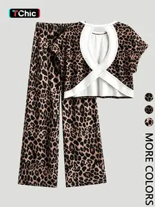 Women's Leopard Print Casual Set, Round Neck Short Sleeve Backless Top + Lounge Long Pants, 2 Piece for Comfortable Wear