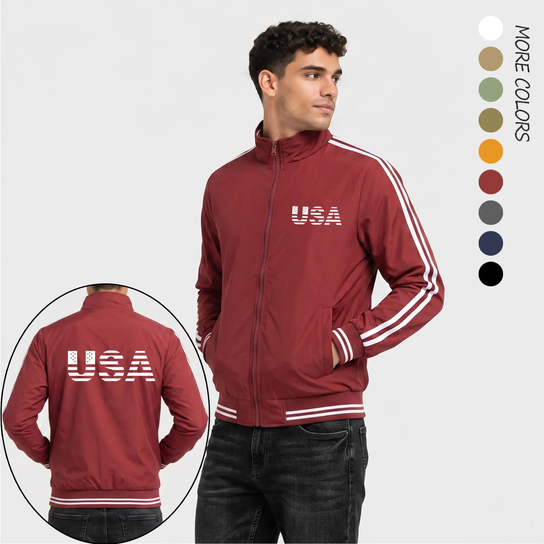 Men’s USA Letter Print Lightweight Flight Bomber Jacket – Casual Streetwear Jacket with Clean Fit, Ribbed Trim and Sport Stripe Sleeve Design for Everyday Urban Outfit