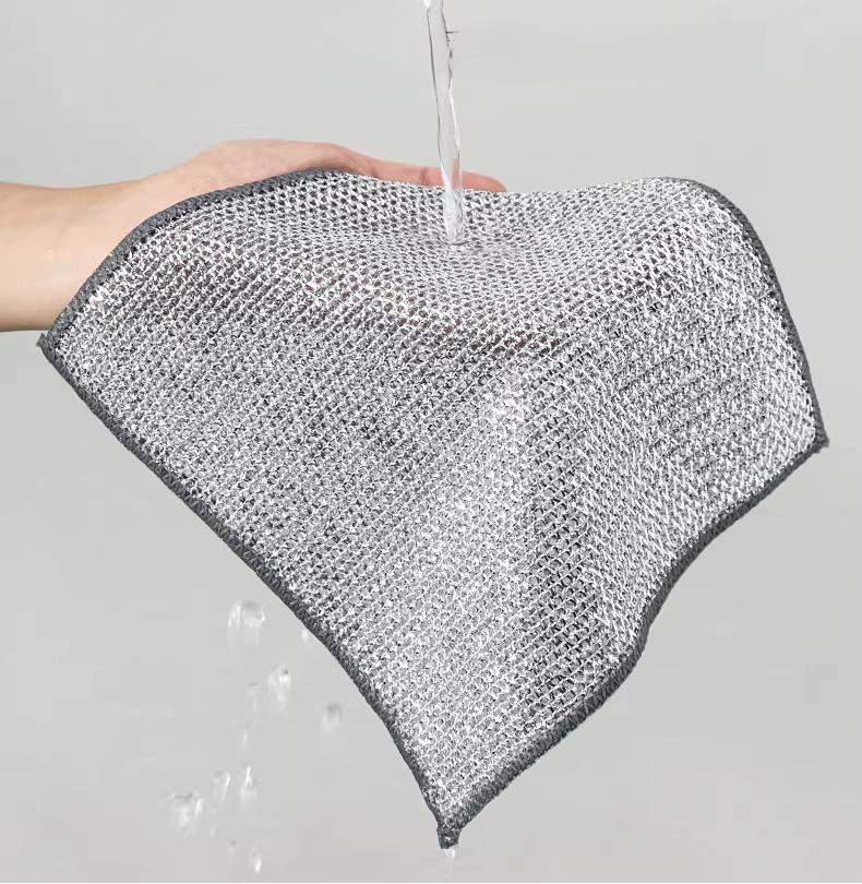 Thickened Dual-Layer Silver Wire Scrubber, Double-Sided Strong Cleaning, Oil-Resistant & Easy to Rinse, Kitchen Dishwashing Cloth