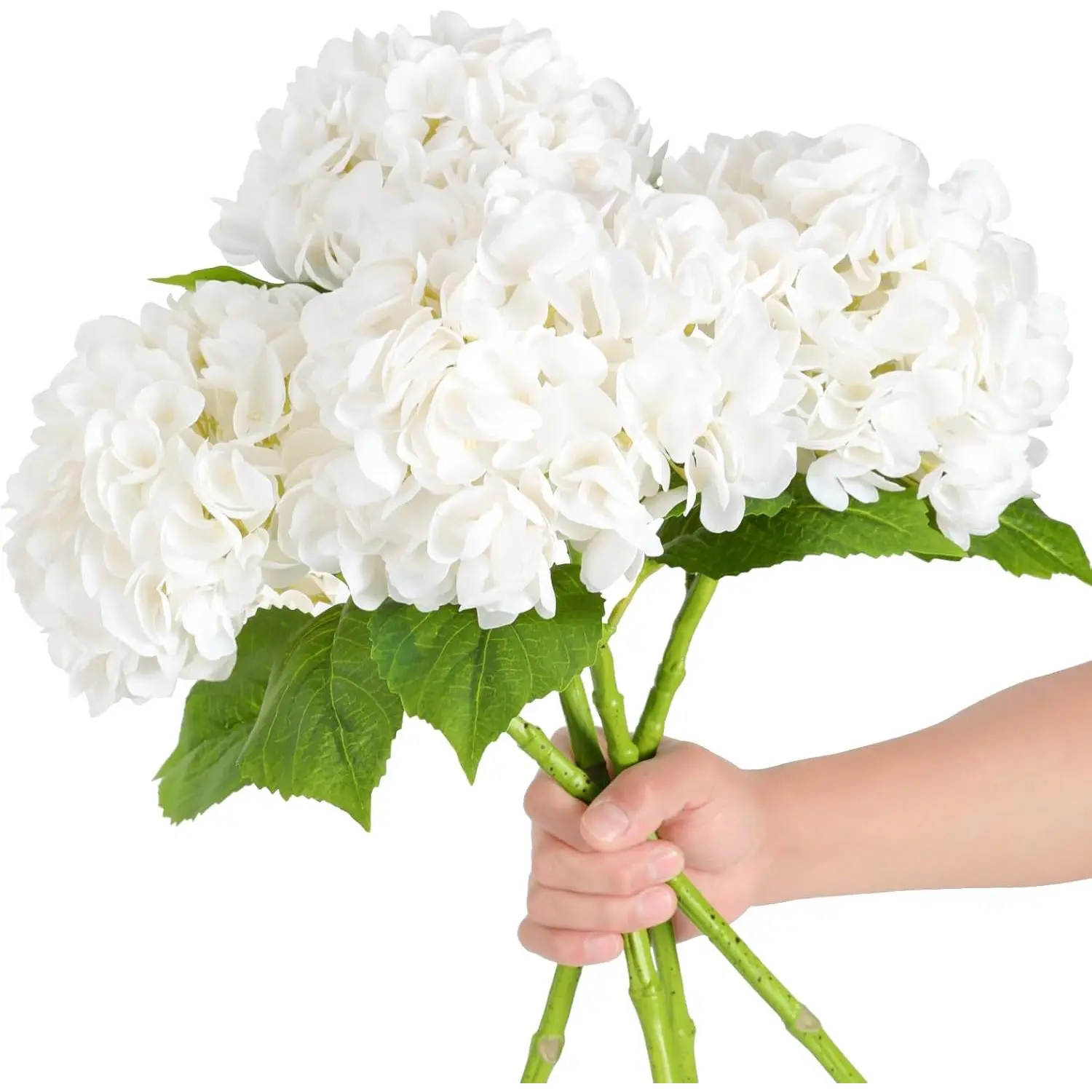 White Decorative Artificial Hydrangea Flowers Set (6/12Pcs), 22.5In Latex Real-Touch Large Bunch with Long Stems & Leaves, Classic Realistic Look for Home Decor, Bridal Shower, Wedding Arrangements