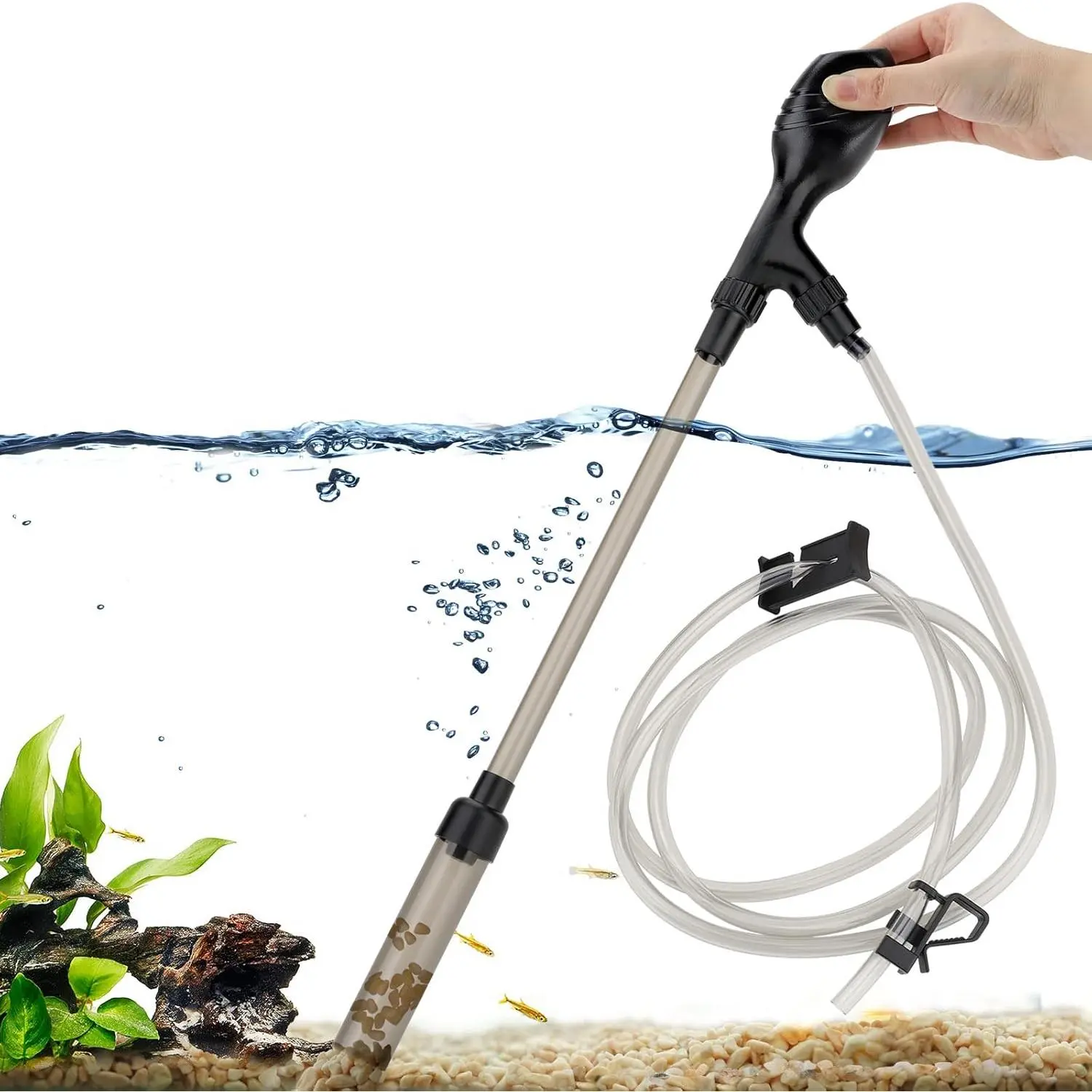 Small Gravel Vacuum for Aquarium, Manual Aquarium Gravel Cleaner Low Water Level Water Changer Fish Tank Cleaner with Pinch or Grip Run in Seconds Suction Ball Adjustable Length
