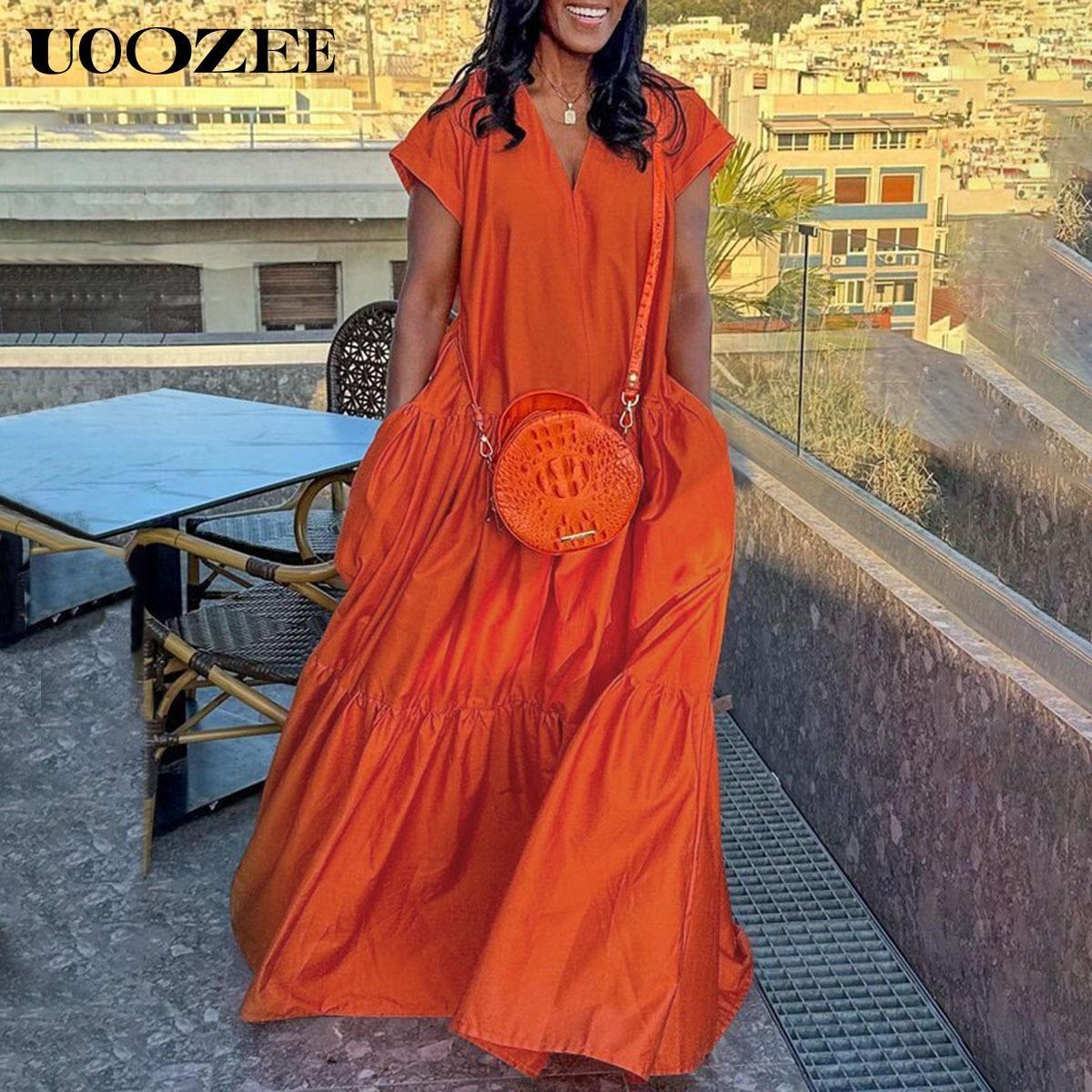 UOOZEE Women's Bright Chic Loose Short Sleeve Pleated Pocket Solid Color Slit V-Neck Maxi Dress Summer Casual Basic Cotton Blend Machine Washable Holiday Dress Womenswear Minimalist (Size is one size larger, it is recommended to order one size smaller)