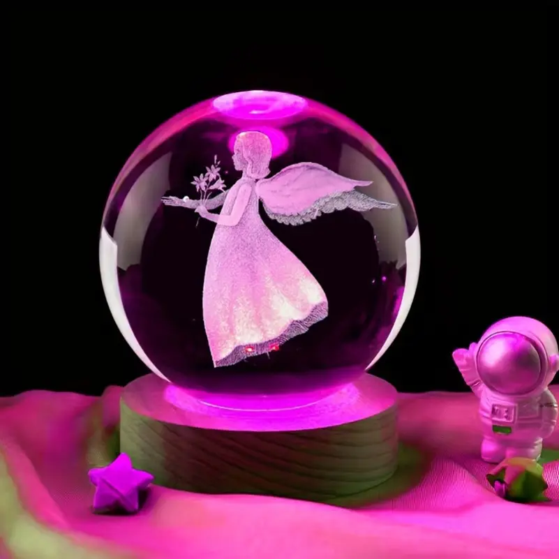 1pc Enchanted 3D Carved Angel Crystal Ball with Heart-Shaped Base - Heartwarming LED Color Indoor Lighting - Bedroom Decor Accent - Ideal Gift for Mom on Mothers Day, Valentines Day, Birthday, Christmas
