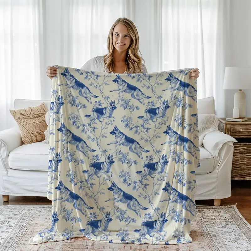 German Shepherd Blue Chinoiserie Toile De Jouy Fleece Blanket, Custom Dog Blanket for Dog Moms & Dads, Sofa or Bed Throw