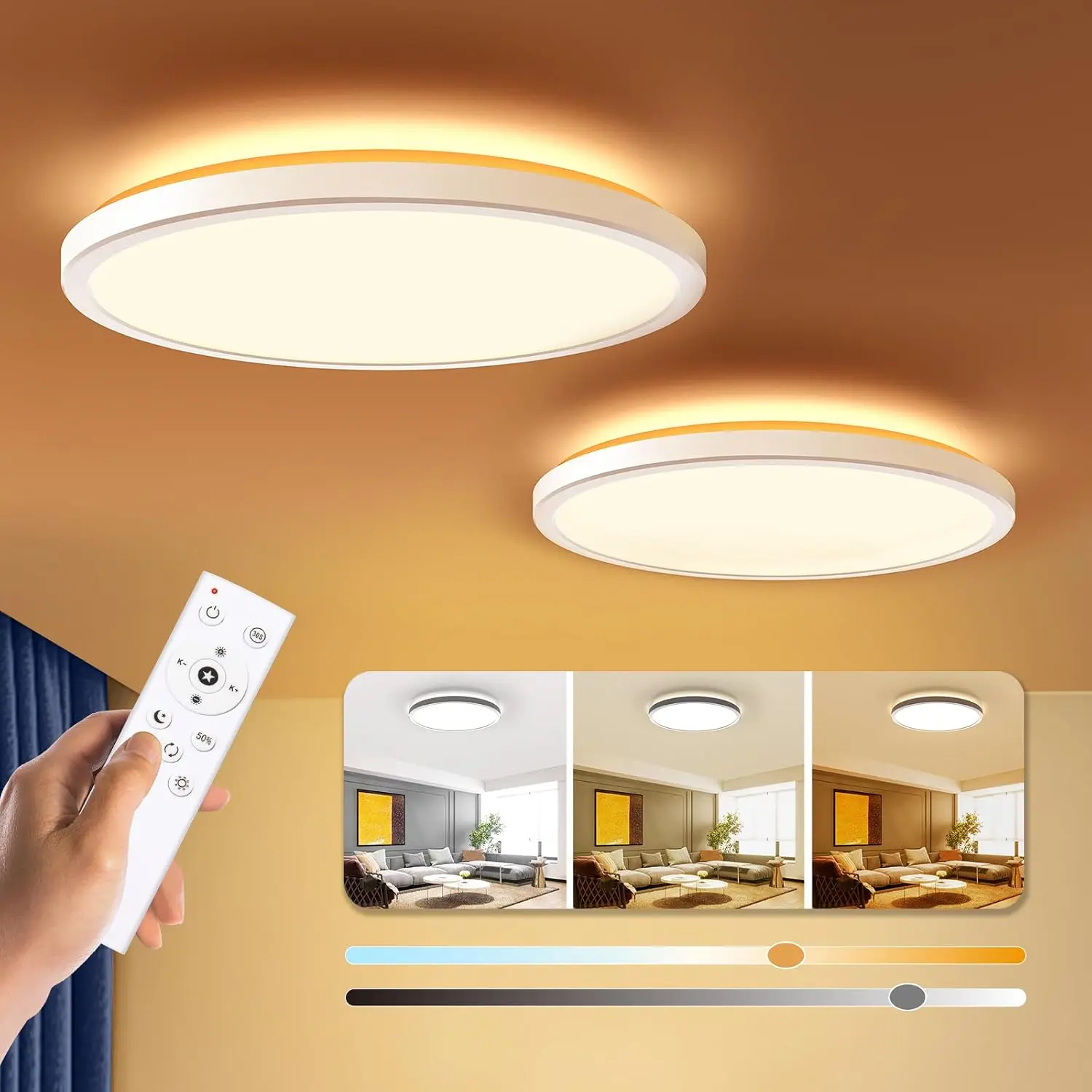 Dimmable LED Flush Mount Ceiling Light Fixture with Remote Control, 12Inch 3000K-6500K Light Color Adjustable, Modern Ultra-Thin Ceiling Lamp for Bedroom Kitchen, Wired