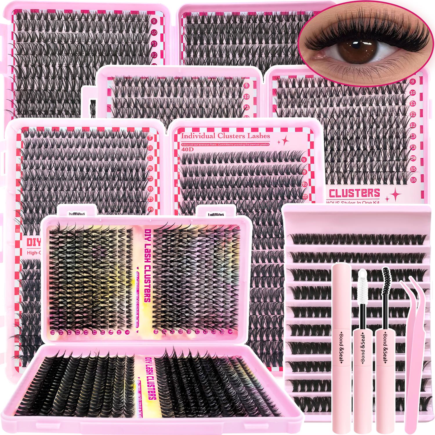 800/740/200pcs Eyelash Extension Kit, Fluffy Lash Extension Set with Lash Bond & Seal, Lash Tweezers and Thick Lash Clusters, Wispy Individual D-Curl Lashes with Eyelash Glue & Tweezers, Eyelash Tools, Cosmetic (30D/40D/50D/60D/80D/100D Mixed, 9-16mm)