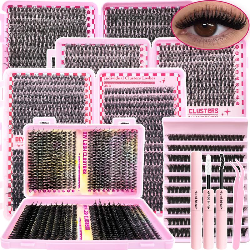 800/740/200pcs Eyelash Extension Kit, Fluffy Lash Extension Set with Lash Bond & Seal, Lash Tweezers and Thick Lash Clusters, Wispy Individual D-Curl Lashes with Eyelash Glue & Tweezers (30D/40D/50D/60D/80D/100D Mixed, 9-16mm)