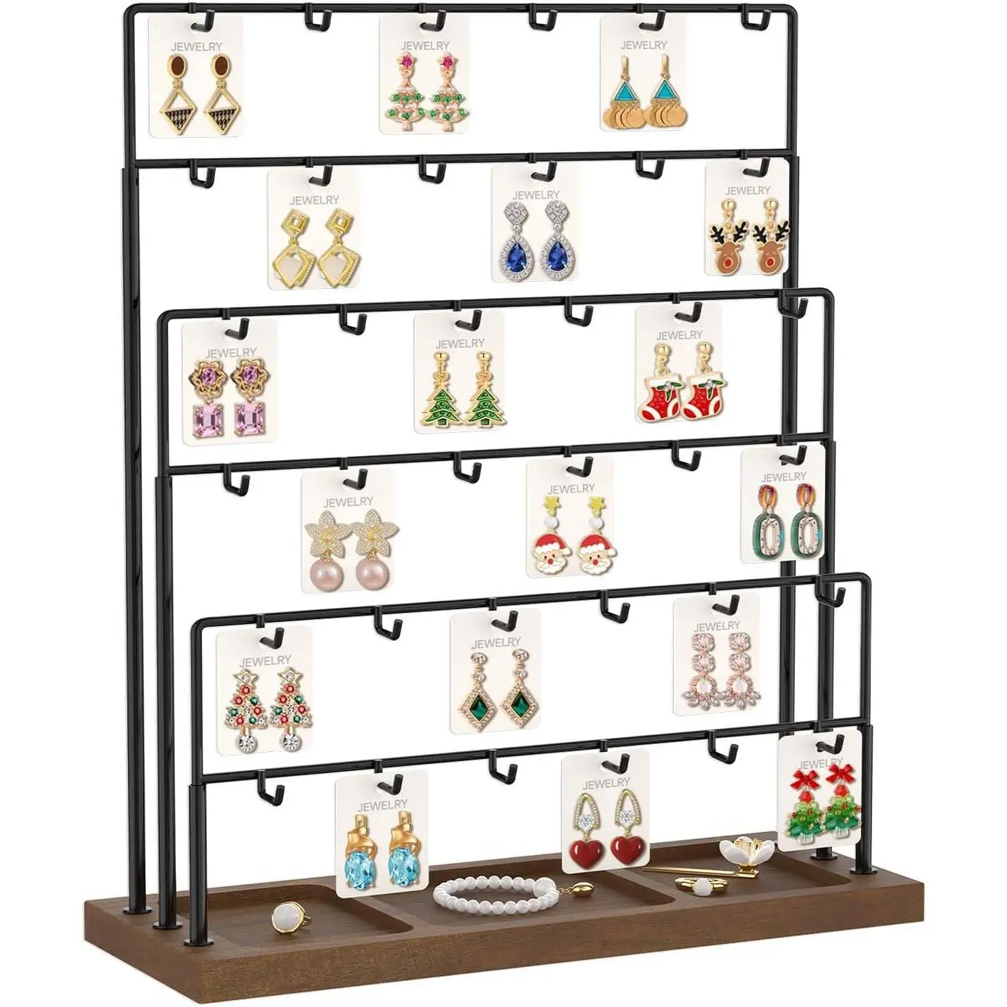 Earring Holder Organizer Display Rack for Vendor, 6 Tier Earring Card Tree Hanger Stand with  Tray for Women Selling, 36 Hook Metal Countertop Storage Tower for Clear Visibility, Black