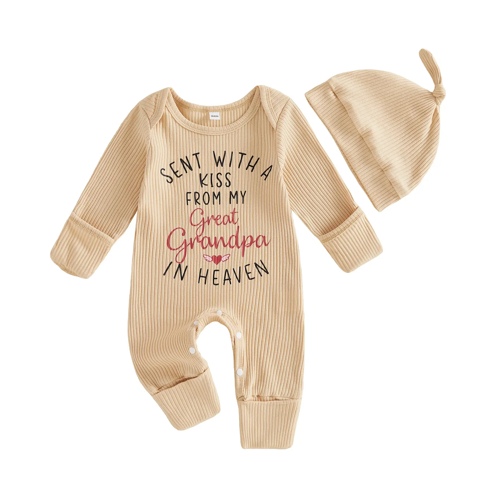 Newborn Baby Girl Boy Outfit Long Sleeve Letters Heart Print Ribbed Romper and Matching Hat Set 0-12 Months
