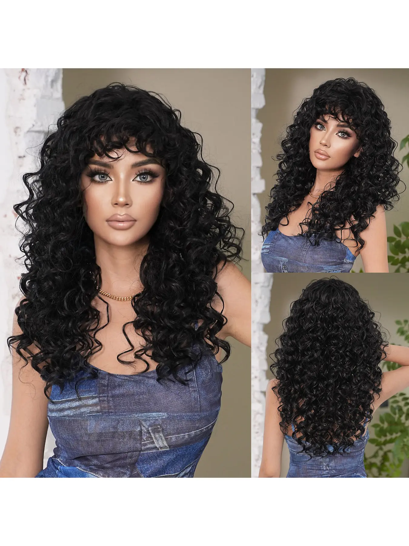 Black Full Lace Synthetic Wig for Women Deep Wavy Long Curly Hair with Air Bangs Soft Lightweight Breathable Design Perfect for Daily Wear Street Photography Bold Fashion Statement